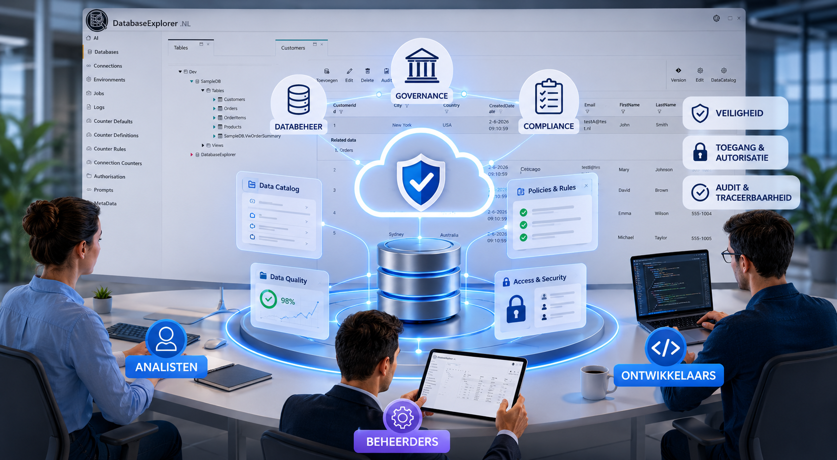 Database Explorer interface met tabelweergave en databeheerfunctionaliteit