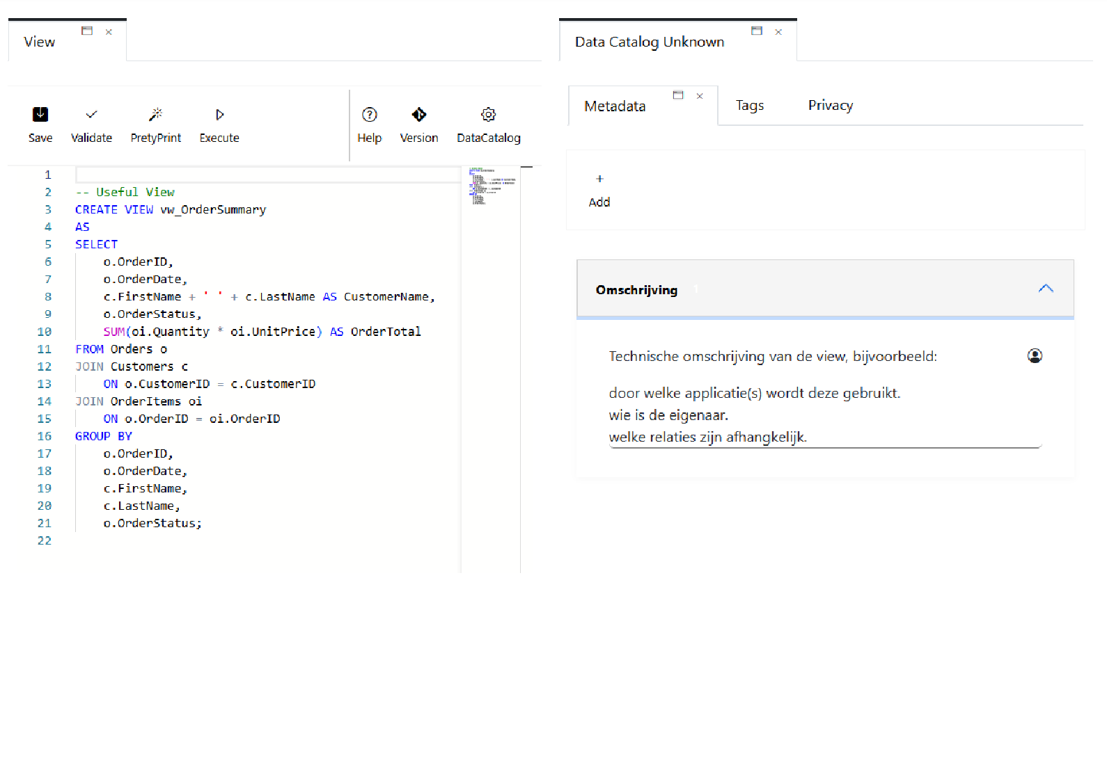 Metadata voor verschillende database objecten