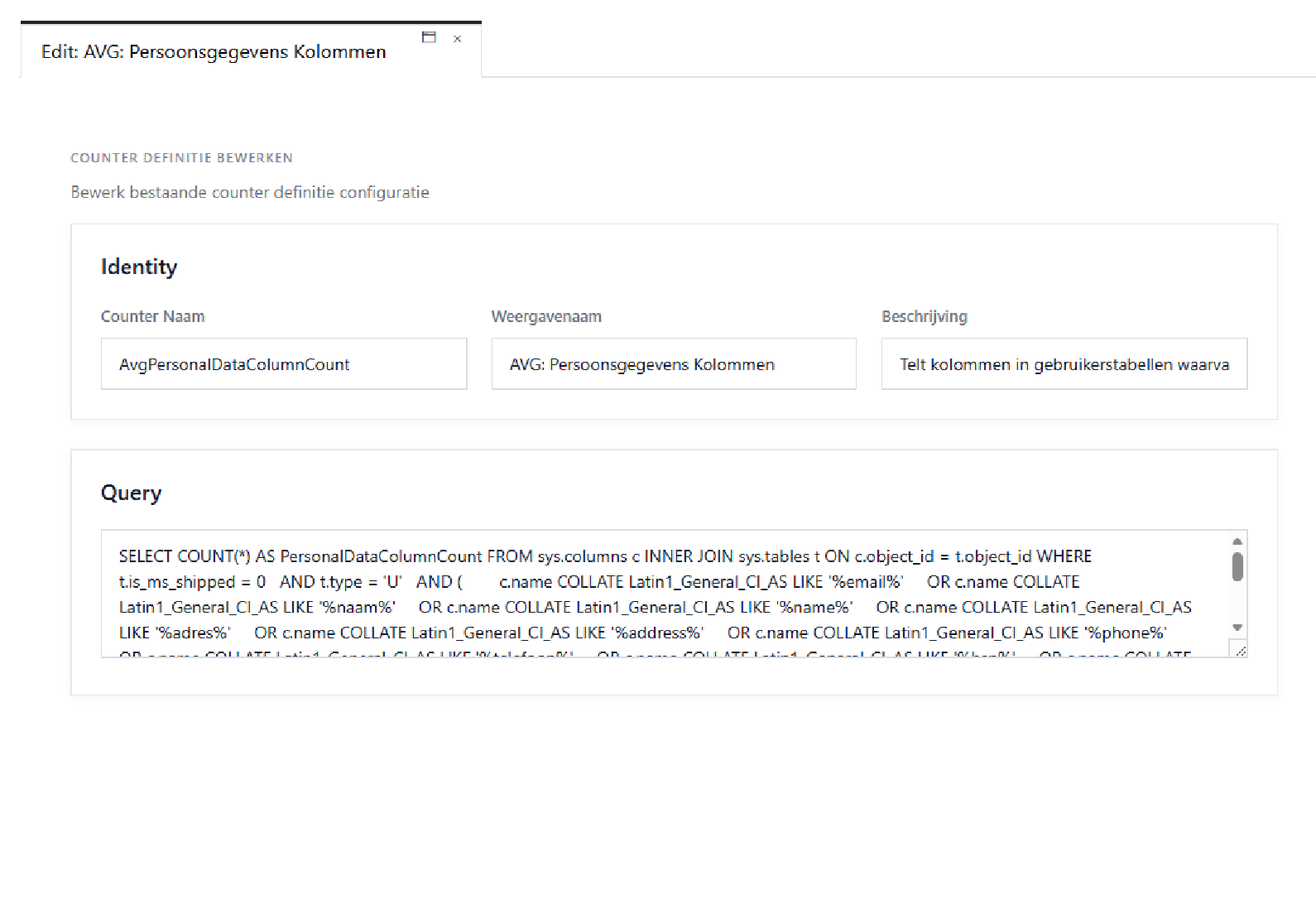 Scherm voor het definiëren van een meting in Database Explorer