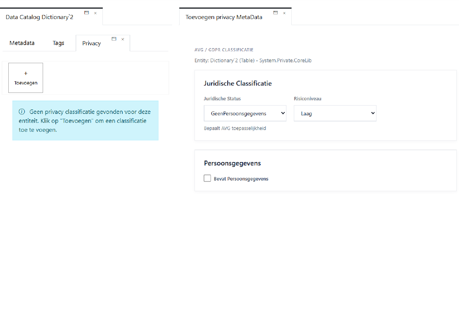 Privacy informatie per database object