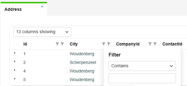 Tabelweergave van data in Database Explorer