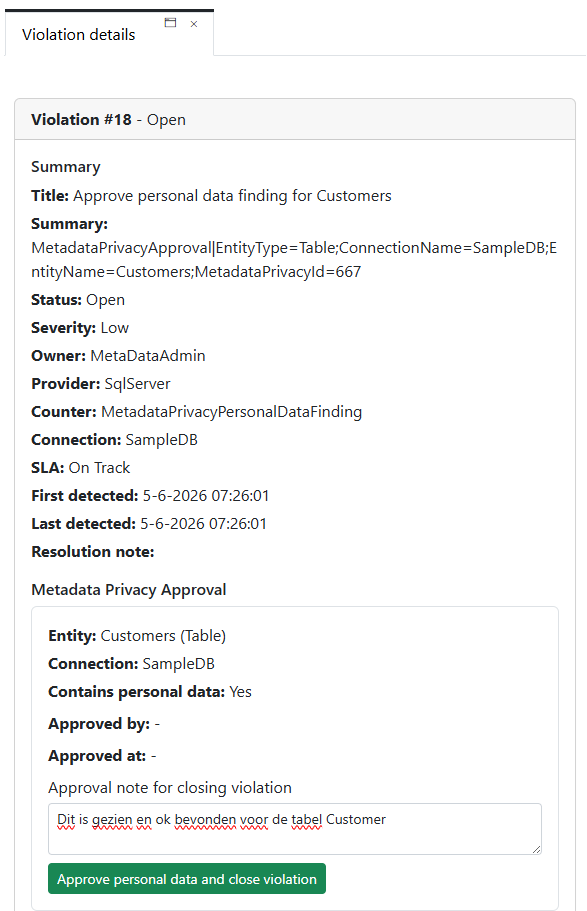 Detailweergave van een vinding in Database Explorer