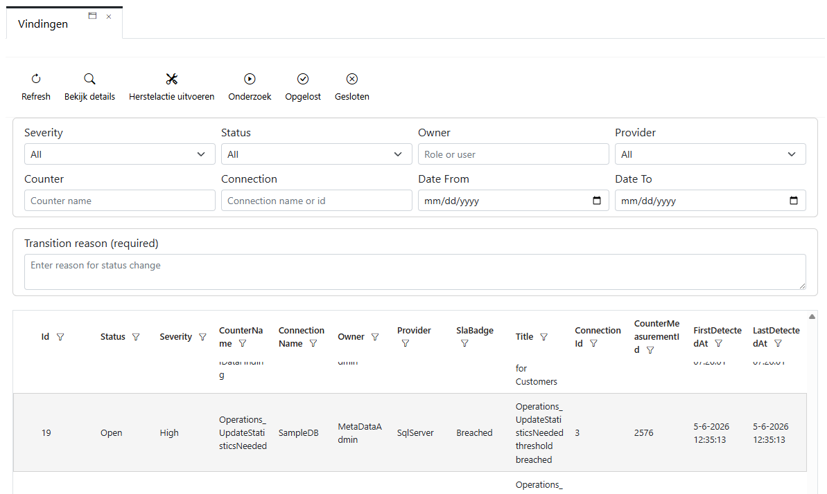 Overzicht van vindingen in Database Explorer